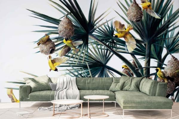 Sky Sings - a wallpaper by CS&Co Artist Nicole Sanderson with yellow weavers on palm leaves
