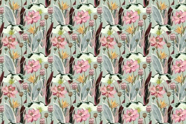 Annie Woo - a wallpaper made up of a variety of colourful flowers creating a pattern on a mint background by Cara Saven Wall Design