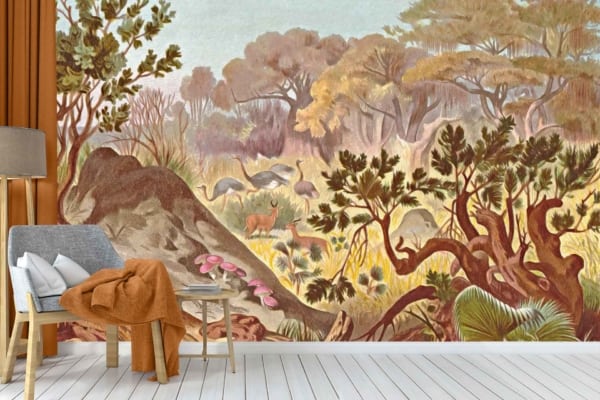 Thrive - a wallpaper of a painted African bush landscape by Cara Saven Wall Design