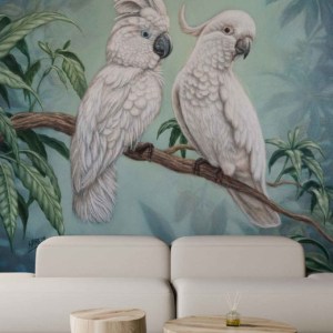 Cockatoos - a CS&Co wallpaper by artist Harem, a painting on canvas of two cockatoos in bright colours