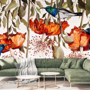 Full Moon Bloom - a wallpaper by CS&Co Artist Nicole Sanderson of sugar birds on orange flowers