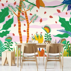 Back When - a wallpaper made up of a bright colourful graphic jungle scene, various plants and flowers by Cara Saven Wall Design