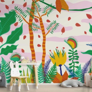 Back When - a wallpaper made up of a bright colourful graphic jungle scene, various plants and flowers by Cara Saven Wall Design